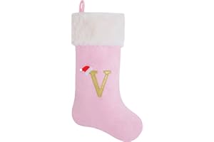 AUAWMLK 20-Inch Letter Embroidered Christmas Stocking Thick and Luxurious Pink Velvet with Super Soft Plush Cuff Personalized Festival Decoration for Xmas and New Year Party(Letter V)