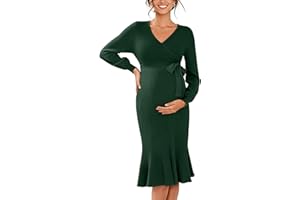 V FOR CITY Maternity Sweater Dress for Baby Shower Party Wrap V Neck Puff Sleeve Tie Waist Pleated Midi Dresses