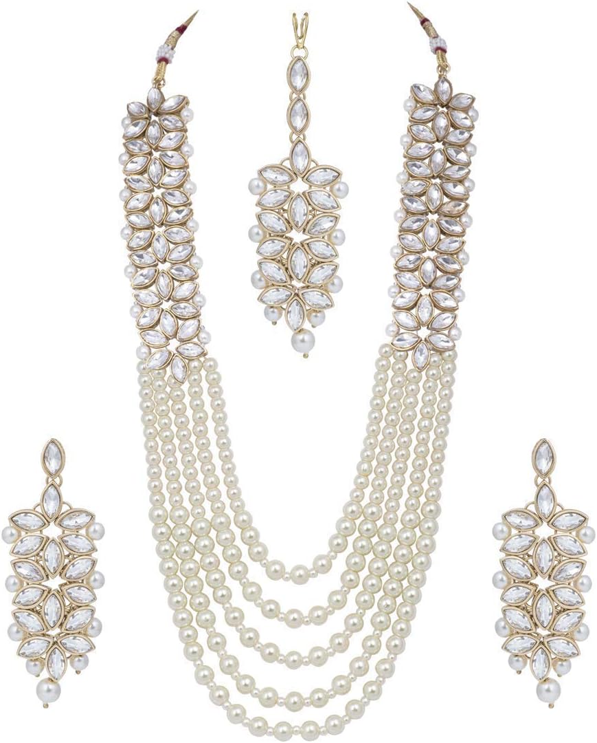 Gold Plated Pearl & Kundan Necklace with Earrings for Women (ML164W)