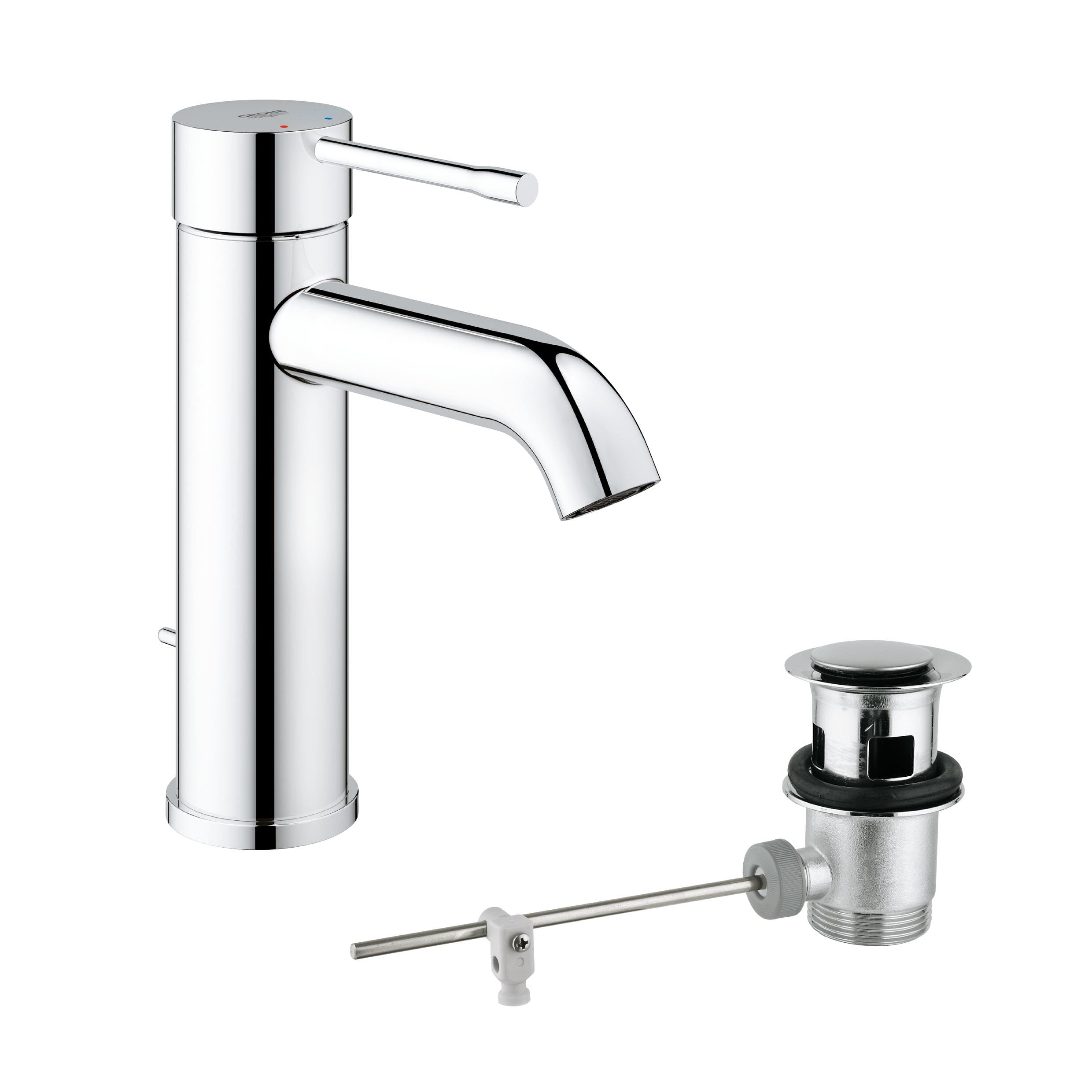 GROHE Essence Basin Mixer Tap with Pop-Up Waste Set (S-Size 208 mm, Metal Lever, 28 mm Ceramic Cartridge, Water Saving, 3/8 Inch Tails), Chrome, 23589001