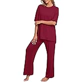 PrinStory Womens Pajamas Sets 2 Piece Lounge Set Short Sleeve Tops and Long Pants Soft Pjs Loungewear with Pockets