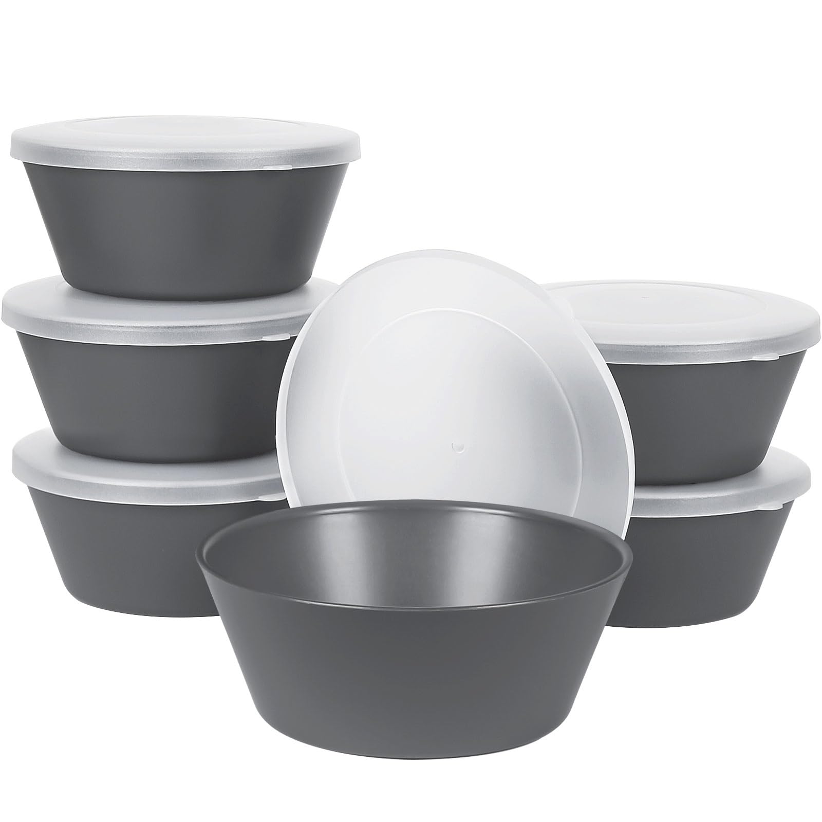 Greentainer Cereal Bowls Set with Lid, 6 Large Plastic Dessert Bowls, 750 ml Bowl for Soup, Pasta, Salad, Lightweight Serving Bowls for Camping, Picnics, Dishwasher, Microwave Safe, Grey