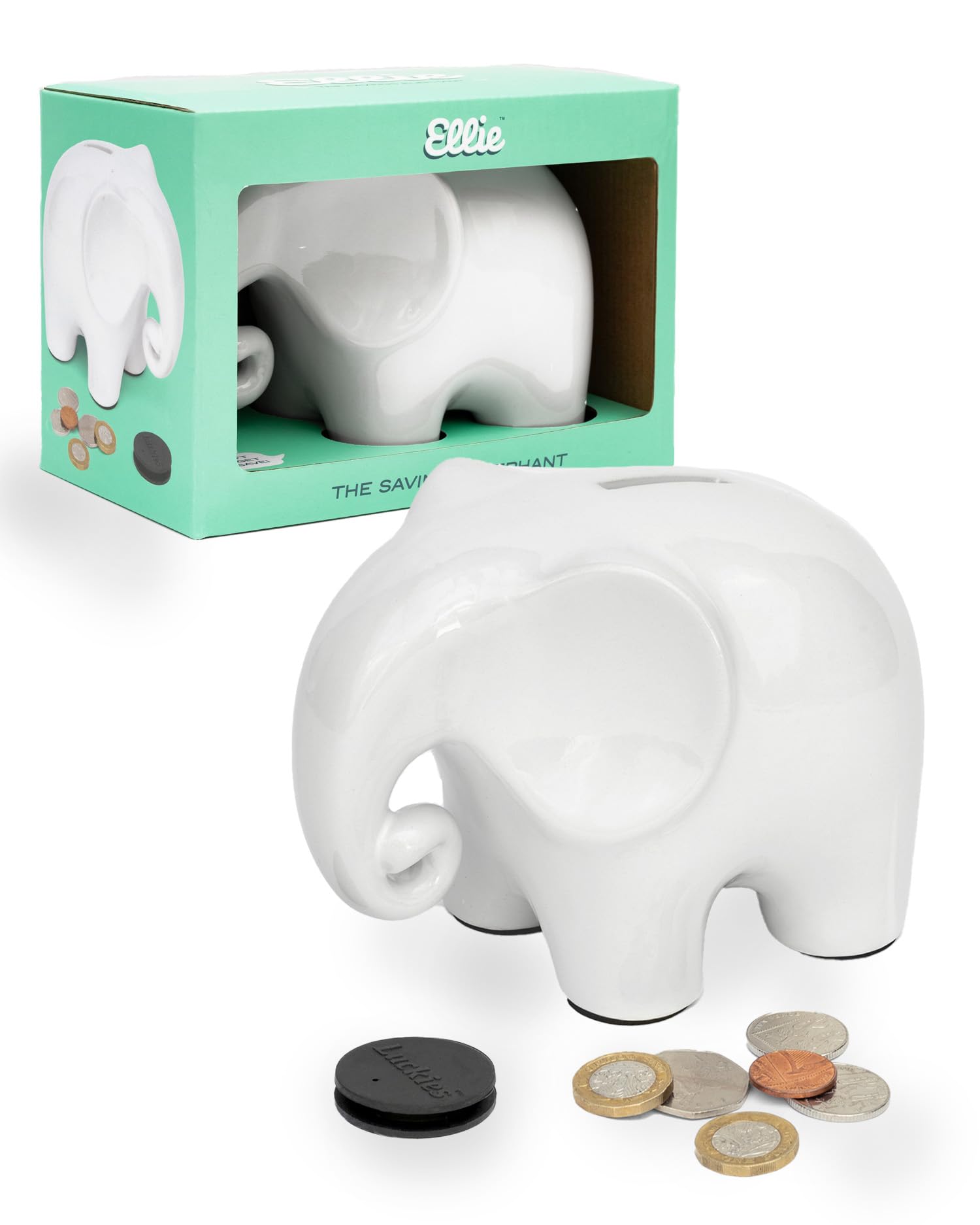 Luckies - Elephant Piggy Bank & Money Jar | Elephant Gifts For Women | Money Box Desk Accessories For Women | White Board Piggy Banks | Ornament & Bank