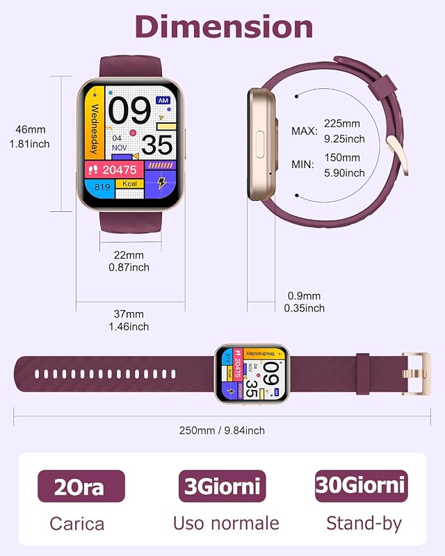 Orologio Smartwatch Donna Chiamata Bluetooth Contapassi con Cardiofrequenzimetro SPO2 Orologio Sportivo con Giochi Monitoraggio Sonno Sfondo Personalizzabile Cronometro Timer Sveglia Viola — foto 7 di 8
