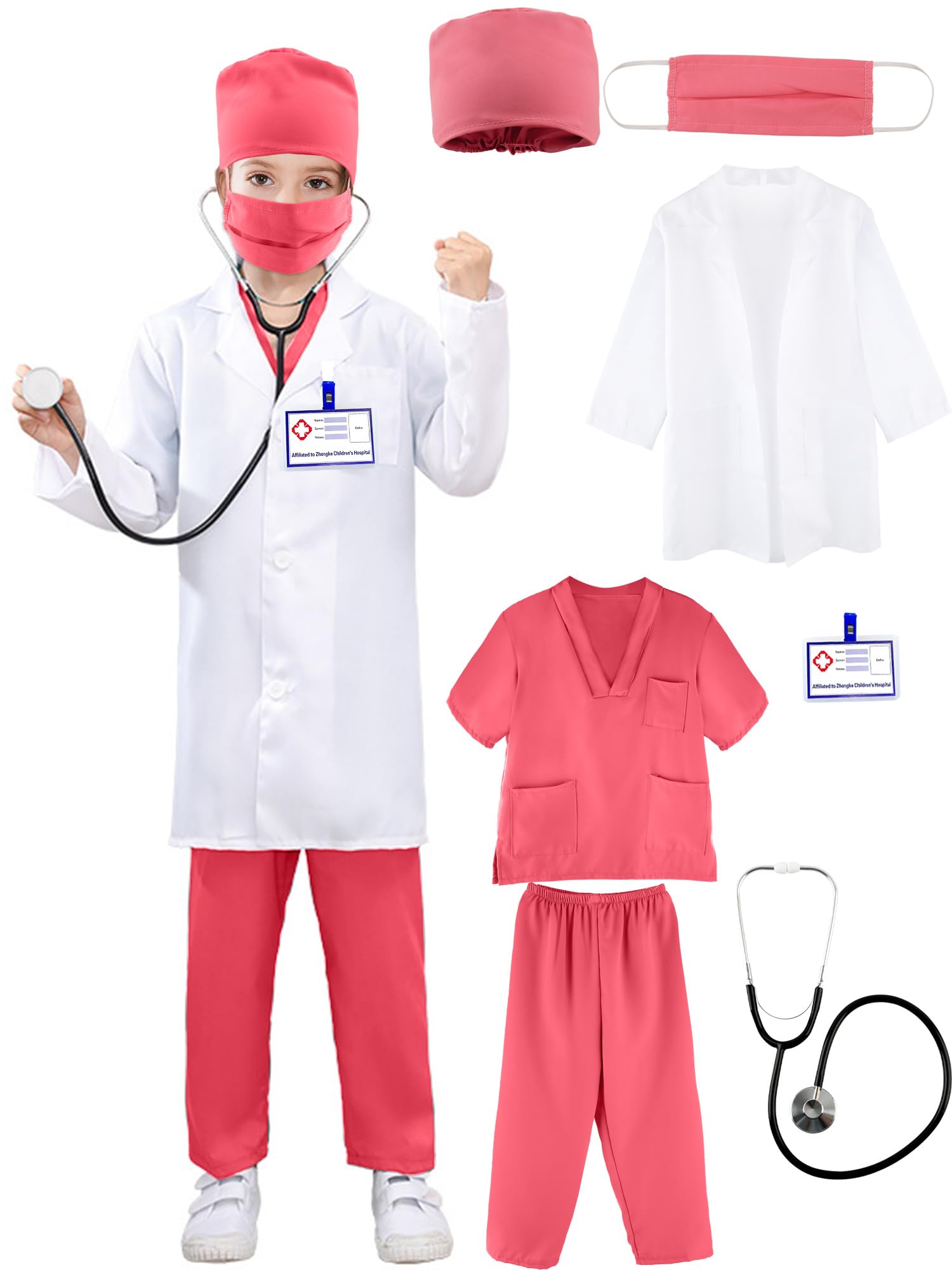 Puteraya Kids Doctor Costume Set Surgical Doctor Suit Kit Scientist Uniform with Stethoscope Toys for Boys Girls Dress Up Halloween Cosplay (Doctor Costume Set 2, 7-9 Years(120-130 cm)) — image 1