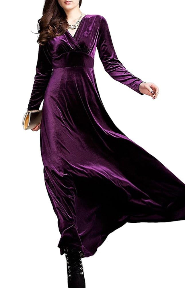 Vonfon Women Velvet Vneck Long Sleeve Party Evening Dress Cocktail