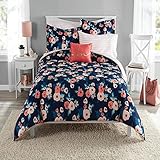 8 Piece Navy Blue Pink Garden Flowers Theme Comforter Full Set, Elegant All Over Boho Chic Bohemian Floral Print, Stylish Stripes Design Reversible Bedding, Bright Colors Blush Coral, For Girls/Teens