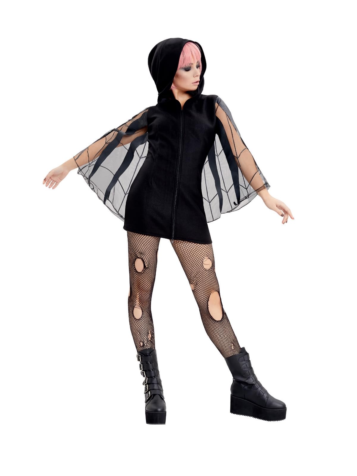 Smiffys Spider Zip Up Jumper Dress, Black Fleece with Hood, Halloween Adult Fancy Dress, Spider Dress Up Costumes