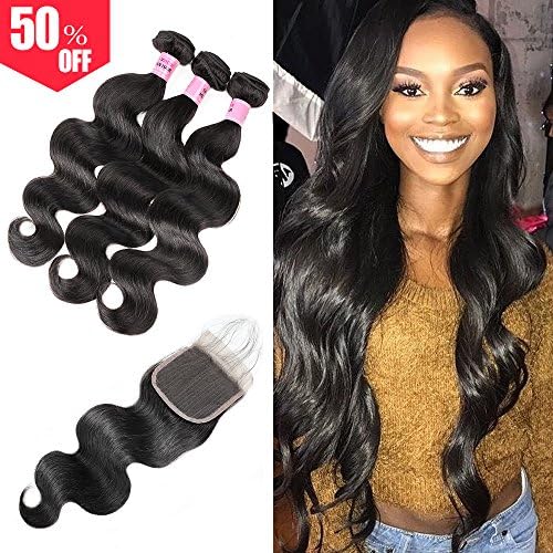 Brazilian Human Hair Bundles, Ali Funmi (14 16 18+12 Free Part) Body Wave Virgin Hair 3 Bundles with Closure Unprocessed Hair Weaves with Lace Closure Hair Extensions Natural Black