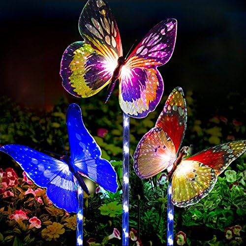 KAZOKU Garden Solar Lights Outdoor - 3 Pack Solar Stake Light Multi-color Changing LED Garden Lights, Fiber Optic Butterfly Lights, Solar Powered Stake Light with 5 LED White Light Stake