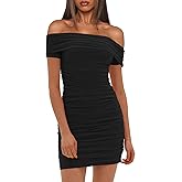 Darong Women's Sexy Elegant Off The Shoulder Mesh Short Sleeve Ruched Bodycon Cocktail Party Mini Dresses