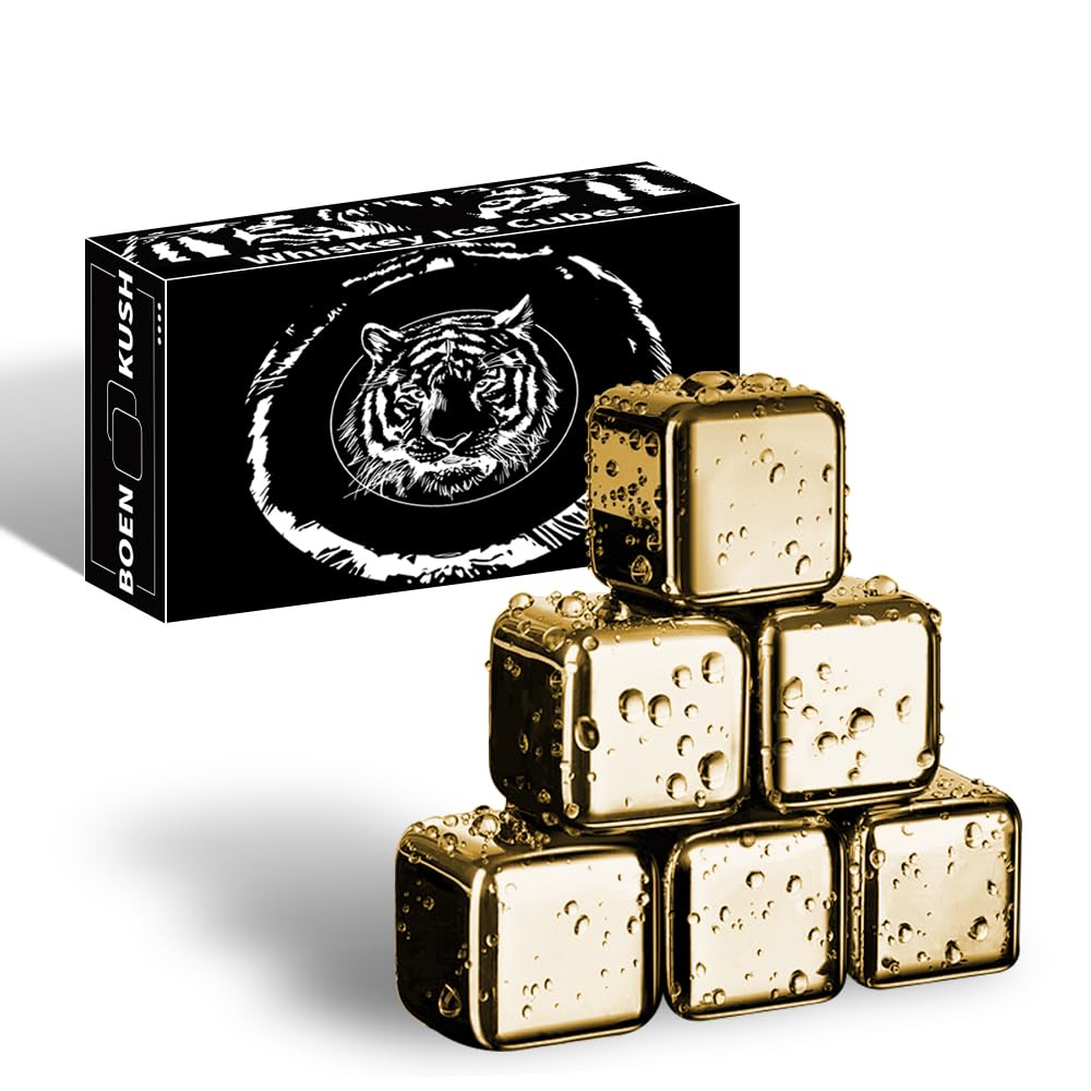 6 Small Whiskey Stones - Reusable Stainless Steel Metal Ice Sphere Cubes Beverage Chilling Rocks Whiskey Stones for Red Wine, Bar Beer, Scotch, Vodka Drinks - Gold