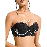 YBCG Strapless Bra Push Up with Clear Straps Lace Padded Add 2 Cups Convertible Mutiway Balconette Underwire for Women