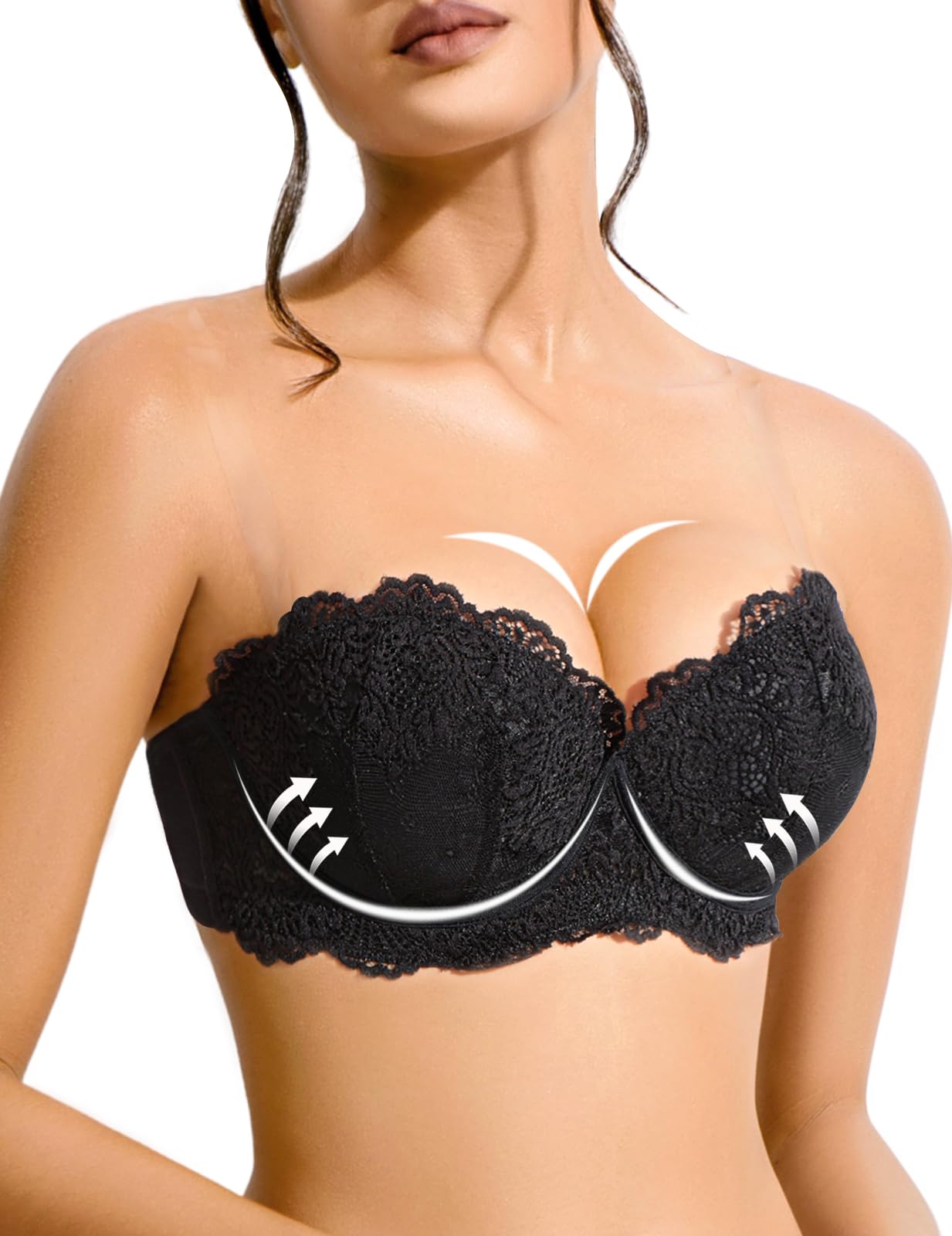 Photo 1 of YBCG Strapless Bra Push Up with Clear Straps Lace Padded Add 2 Cups Convertible Mutiway Balconette Underwire for Women Black 36C
