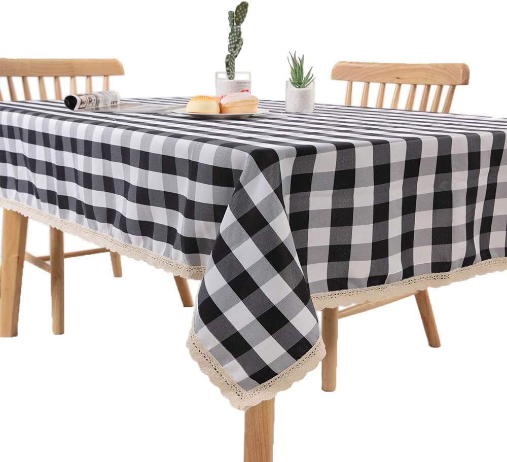 Nobildonna 55 x 72-Inch Gingham Checkered Tablecloth, Black & White Checker, Rectangular Lace Polyester Tablecloth