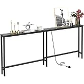 VASMIA 70.9 Inch Narrow Console Table with Outlet,Bamboo Sofa Table,Behind Couch Table,Skinny Hallway Table for Entryway Livi