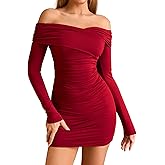 Women's Long Sleeve Off Shoulder Mini Dress Sexy Bodycon Ruched Going Out Wedding Guest Club Party Short Dresses