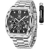 OLEVS Mens Watches Analog Quartz Chronograph Square Dress Watch for Man Stainless Steel or Leather Band Waterproof Luminous Date Male Watch