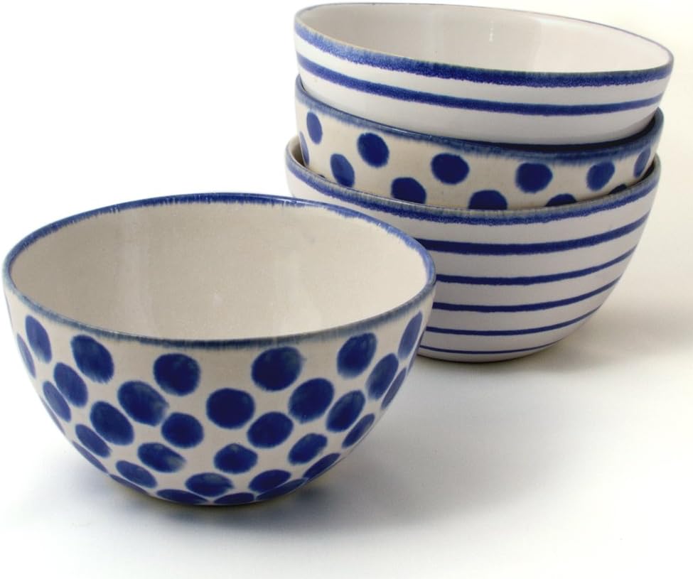 Handmade 6-inch/16 oz Ceramic Stoneware Soup or Cereal Bowls, 2 Blue Dots & 2 Blue Lines on White (Assorted Set of 4)