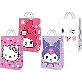 12 Pcs Cute Party Favor Bags, 4 Patterns Double Sided Printed Candy Goodie Treat Bags with Handle, Cartoon Pink Birthday Party Supplies for Kids