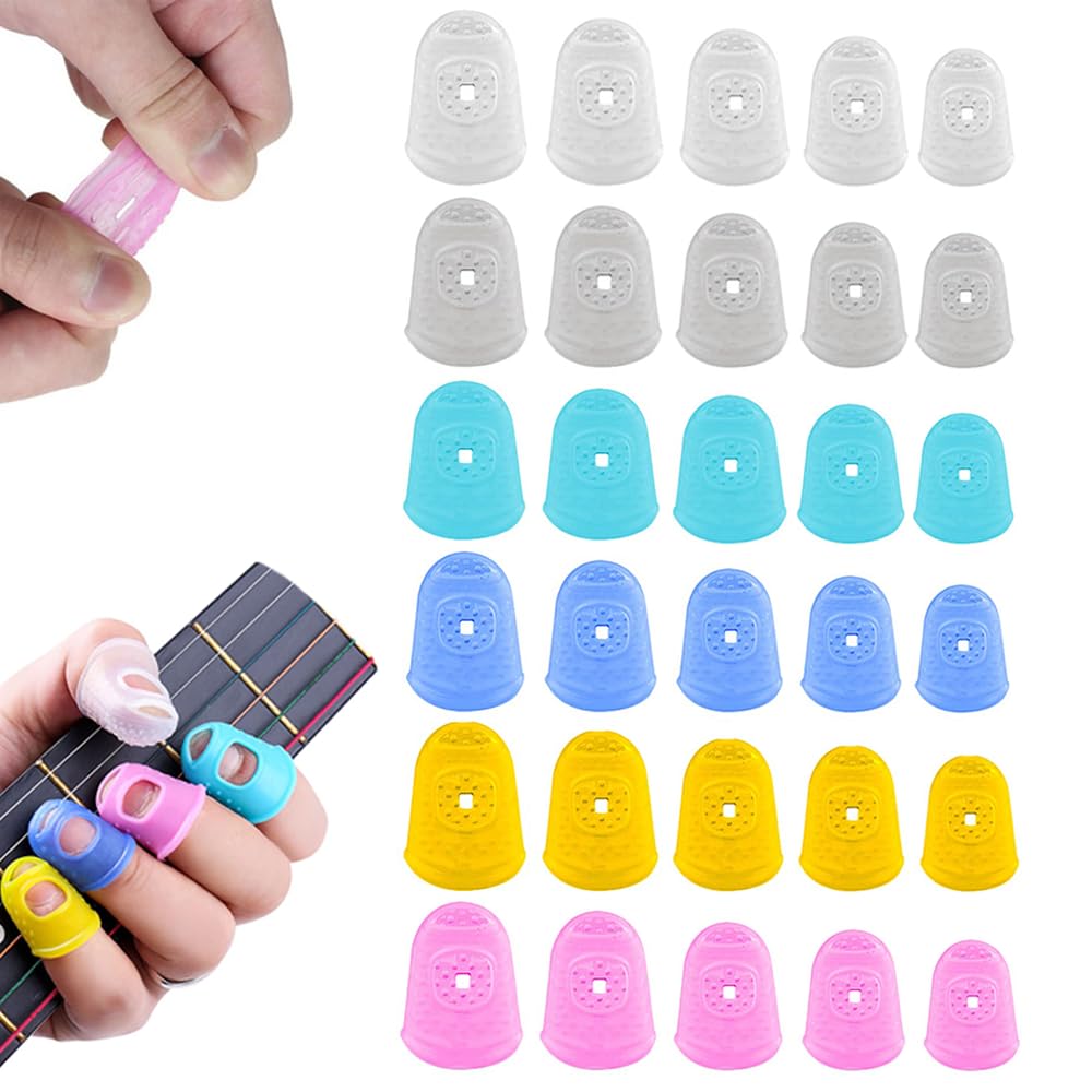 RHQFDM 30 Pieces Guitar Finger Protector Covers - Silicone Fingertip Caps, Anti-Slip, Reusable, Cut Out Breathable