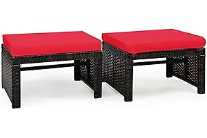 DORTALA 2 Piece Patio Wicker Ottomans, Outdoor Foot Rest with Cushions, PE Rattan Footstool for Patio, Garden, Poolside, Red