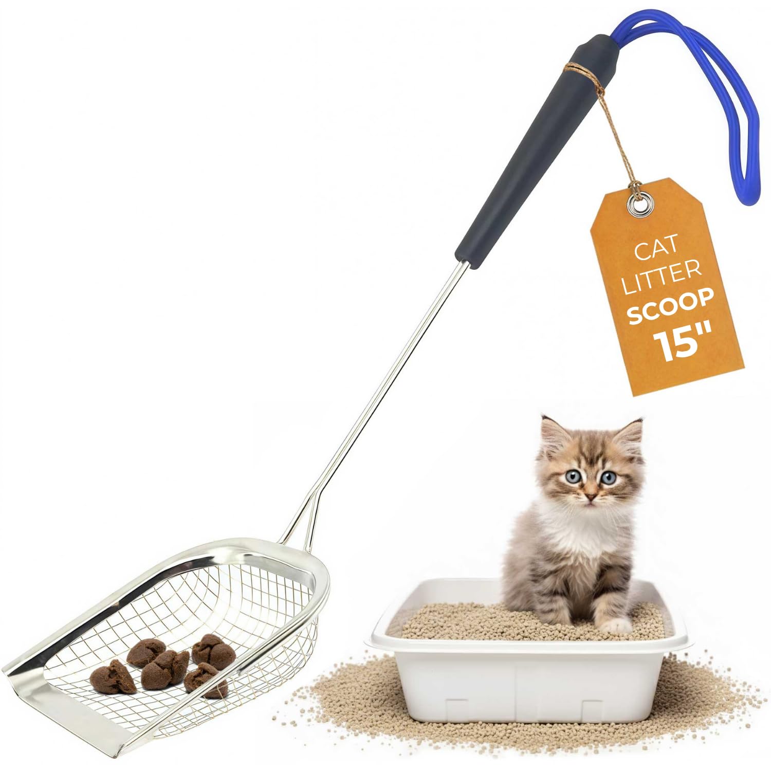 Sand Dipper Metal Cat Litter Scoop – Long Handle Cat Poop Scooper for Litter Box (15”), Heavy-Duty Stainless Steel Kitty Litter Scoop (Scoop)