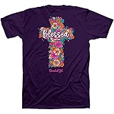 Floral Cross Blessed Luke 1:45 Eggplant Purple Cotton Women's T-Shirt