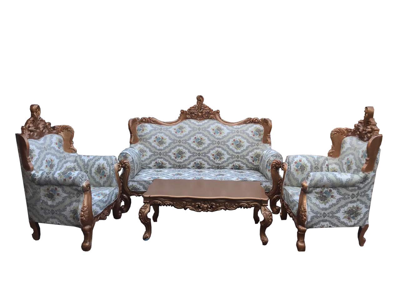 Tayyaba Enterprises Wooden Sofa Set In Pure Teak Wood Antique Golden Paint Finishing In D Decor Fabric Used Beautiful Hand Carving 5 Seater Sofa Set With Center Table Amazon In Furniture Beautiful Hand Painted Vintage Furniture