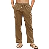 PASLTER Mens Linen Cargo Pants Lightweight Elastic Waist Drawstring Casual Loose Summer Beach Yoga Pants with Pockets