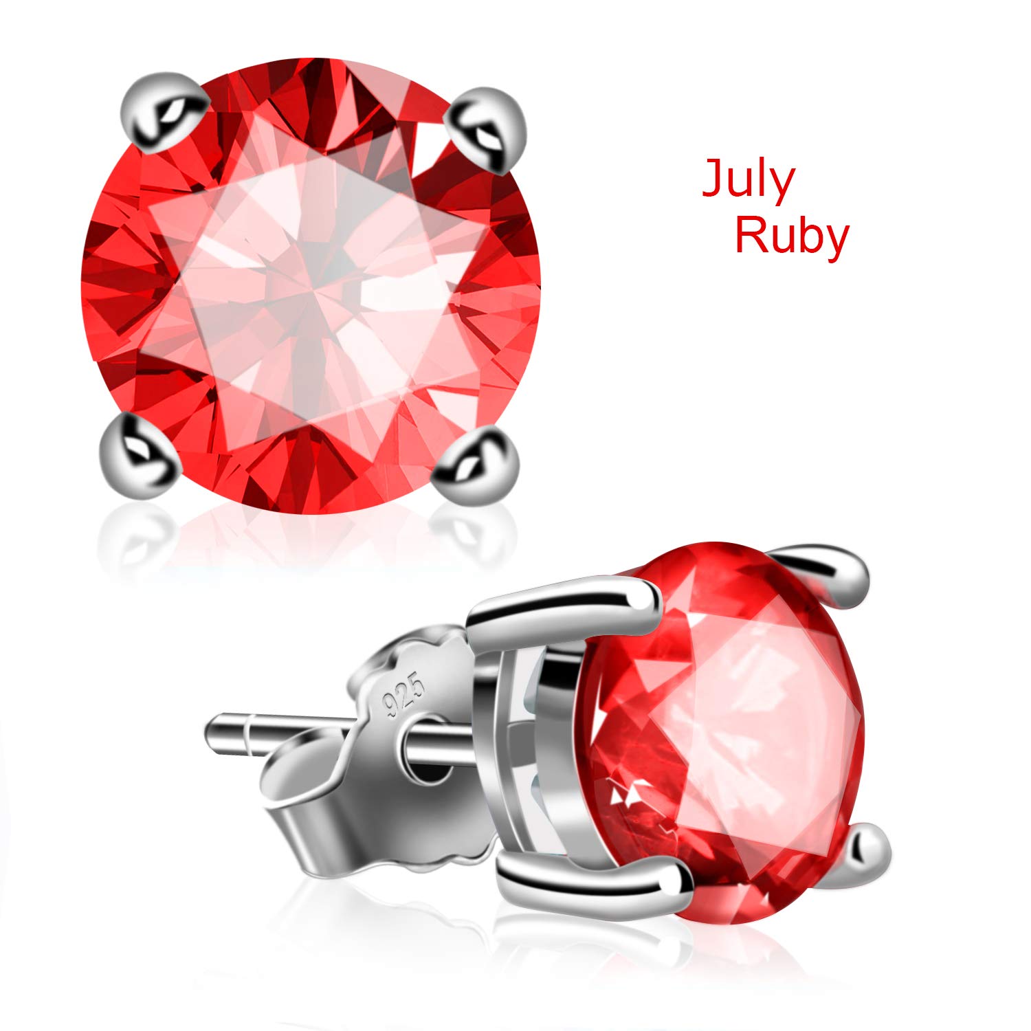 Stud Earrings, UHIBROS Hypoallergenic Silver Ear Stubs Birthstone Round Cubic Zirconia Diamond Earrings (July-Ruby-1)