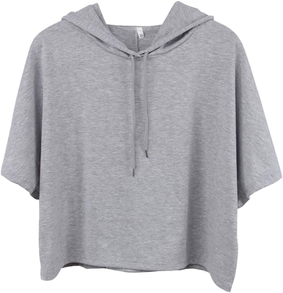 Womens Short Sleeve Hoodie Casual Summer Pullover Solid Drawstring Crop Tops Blouse T-Shirt Sweatshirt