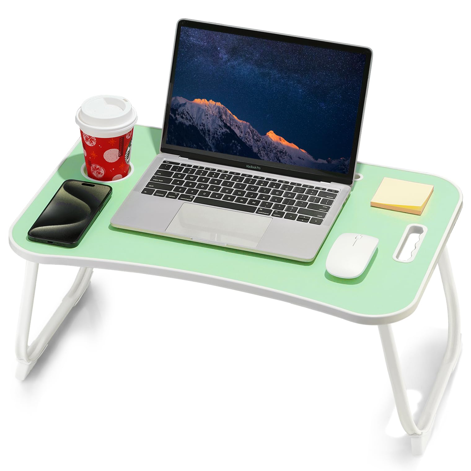 Photo 1 of ZEAPTAC Laptop Bed Desk, Foldable Lap Table, Portable Study Table, Laptop Stand with Cup Holder & Tablet Slot & Lifting Handle for Working Writing Drawing & Eating - Grass Green