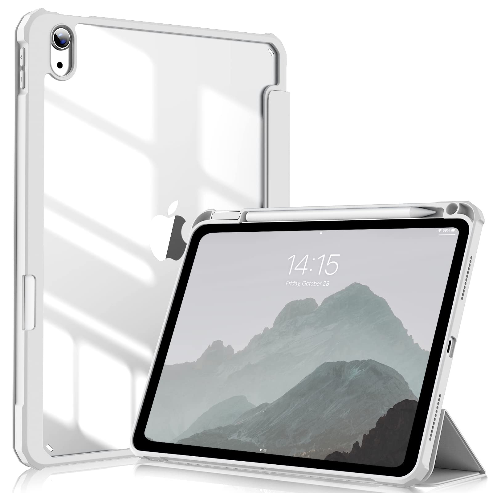 ZOYU Case for iPad Air 11 Inch M3 (2025) / M2 (2024), iPad Air 5th/4th Generation 10.9 Inch (2022/2020) with Pencil Holder, Slim Stand Smart Cover with Clear Back Shell, Auto Sleep/Wake, Light Grey