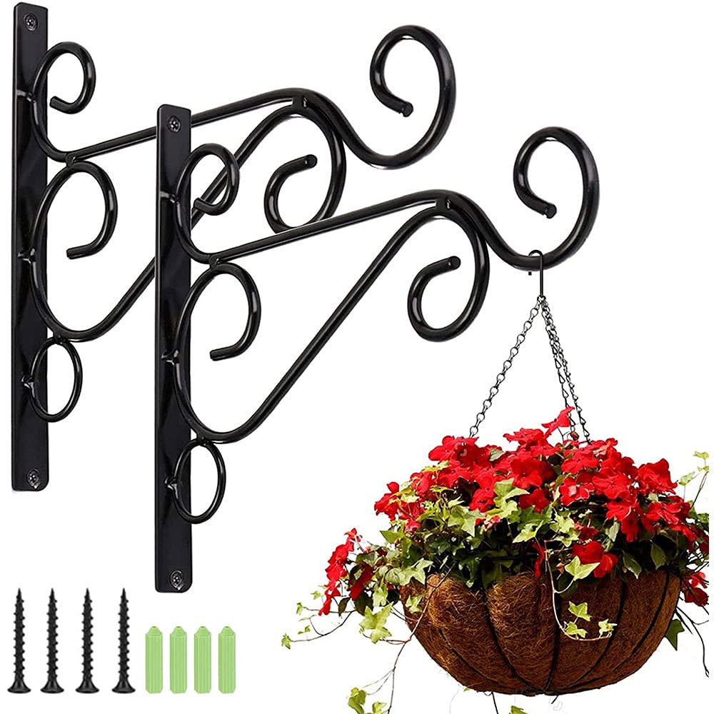 Bhina 2 Pieces Hanging Basket Brackets,Black Plant Hooks,Hanging Basket Brackets Outdoor,Iron Bracket with Screws,for Outdoor,Garden,Hanging Basket,Lantern,Decoration,Bird Feeder