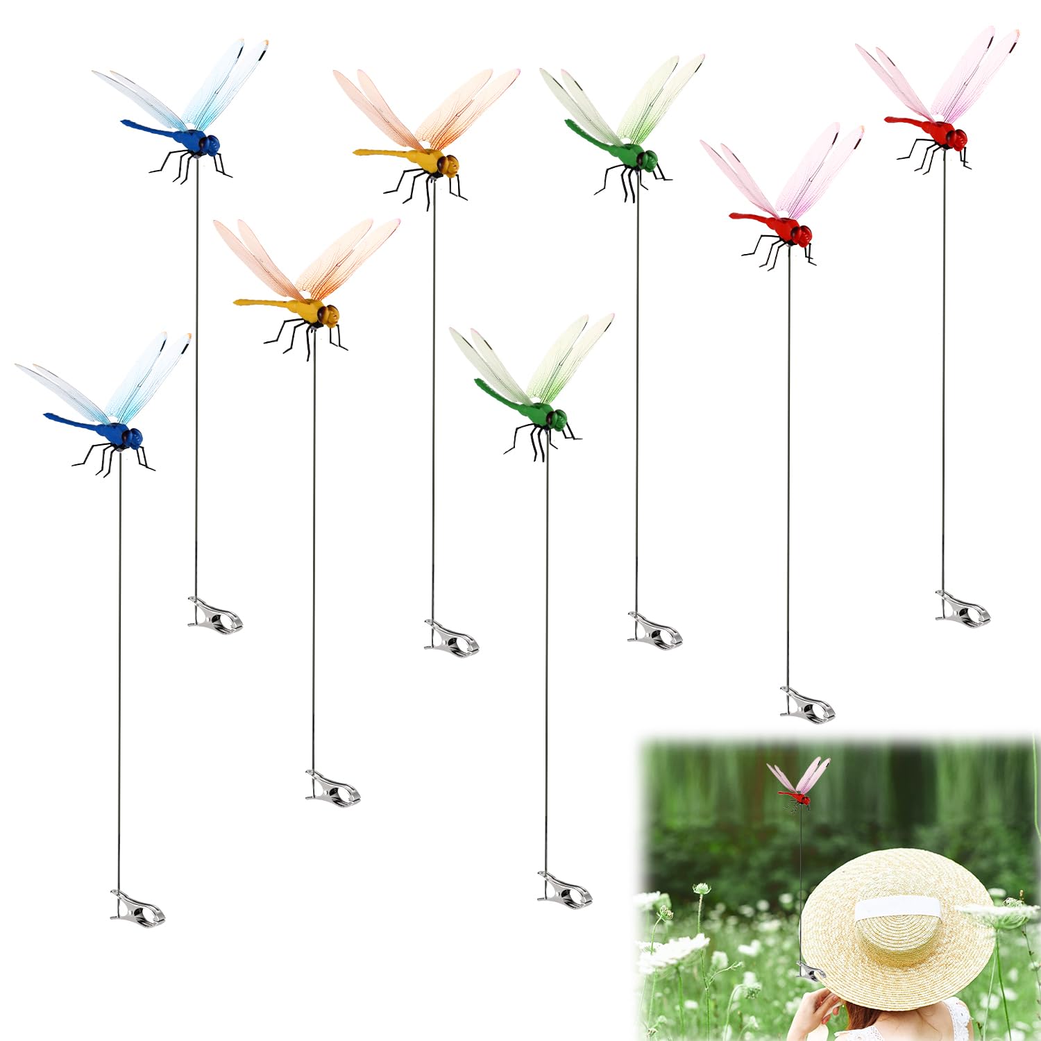 Photo 1 of lasuroa 8pcs Dragonfly Stakes, 12.4x3.54in Vivid Dragonfly Pole Hat Clip Decorative Garden Stakes Dragonfly Garden Stake Dragonfly Ornament for Indoor Outdoor Garden Deoration (4 Colors)