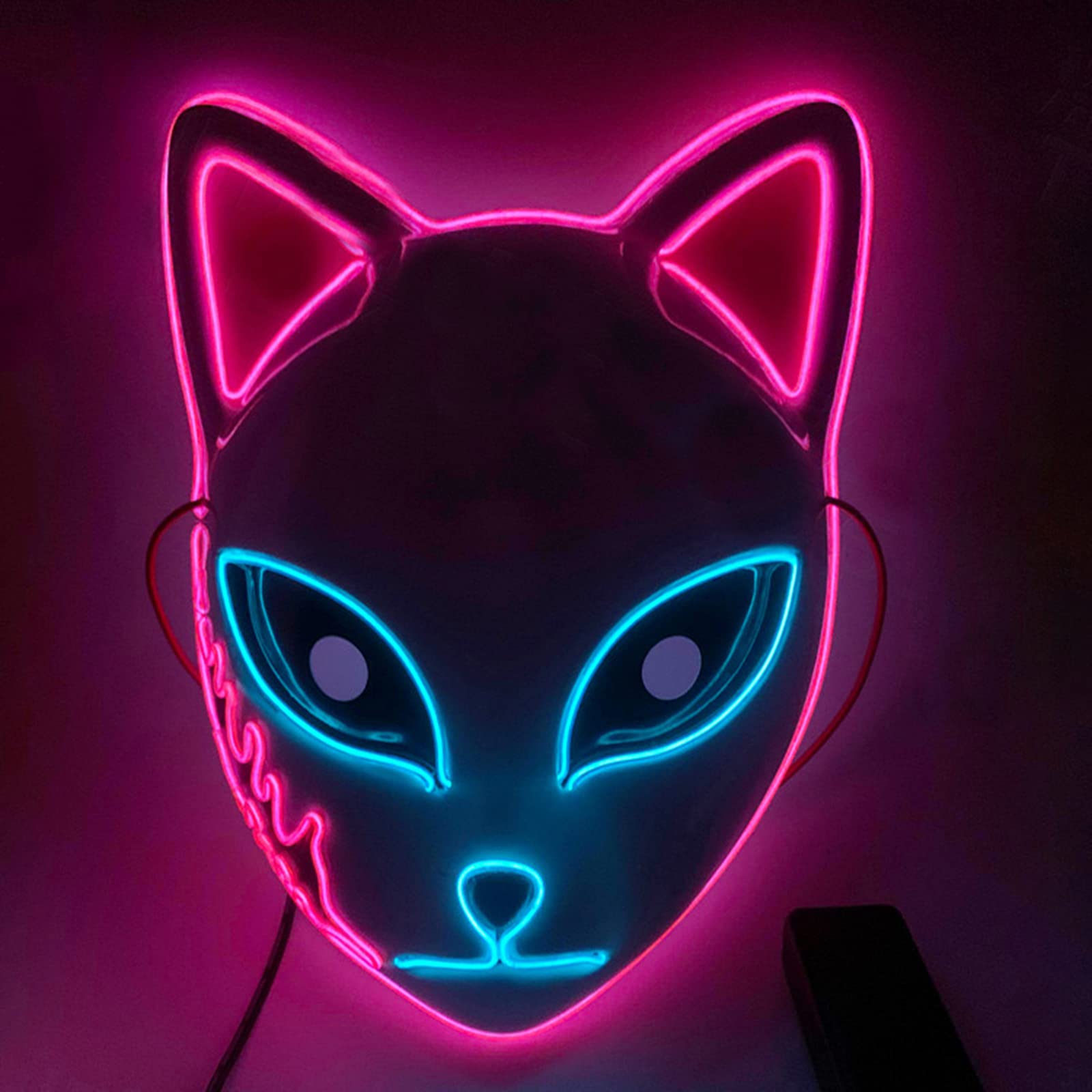 SINSEN Demon Slayer Fox Mask LED Cosplay Cat Mask Japanese Anime Halloween Costume Props for Adults (Pink)