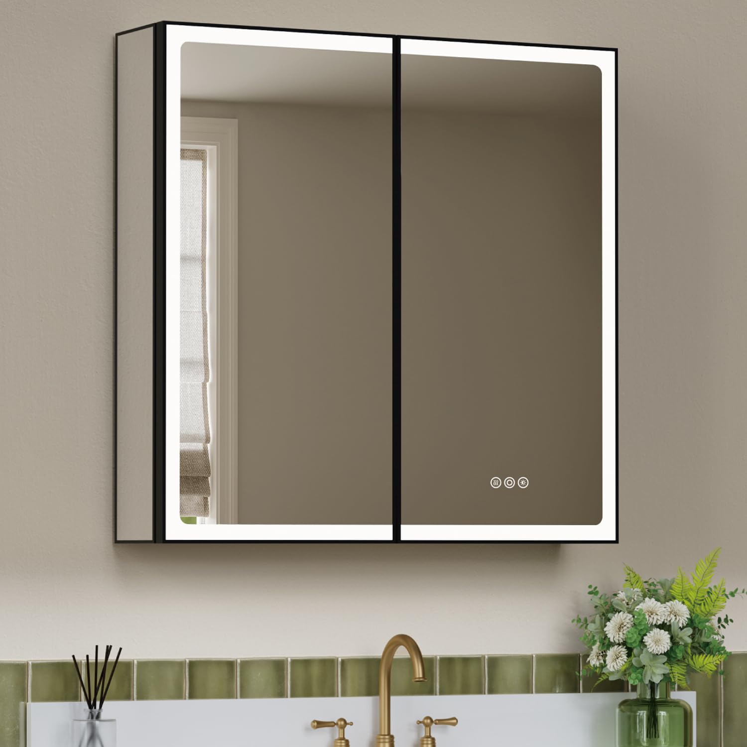 Photo 1 of ***FACTORY SEALED*** Keazile 32x32 Inch Led Lighted Medicine Cabinet with Mirror, Recessed or Surface Mount Bathroom Medicine Cabinet, Anti-Fog, Adjustable Shelf, Dimmable Light, Outlets & USB, ETL Listed, Black