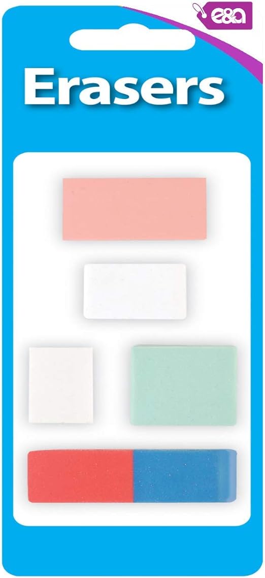 E&A 5 pack erasers (PINK, WHITE, GREEN, REDBLUE) variety in shape and size and
