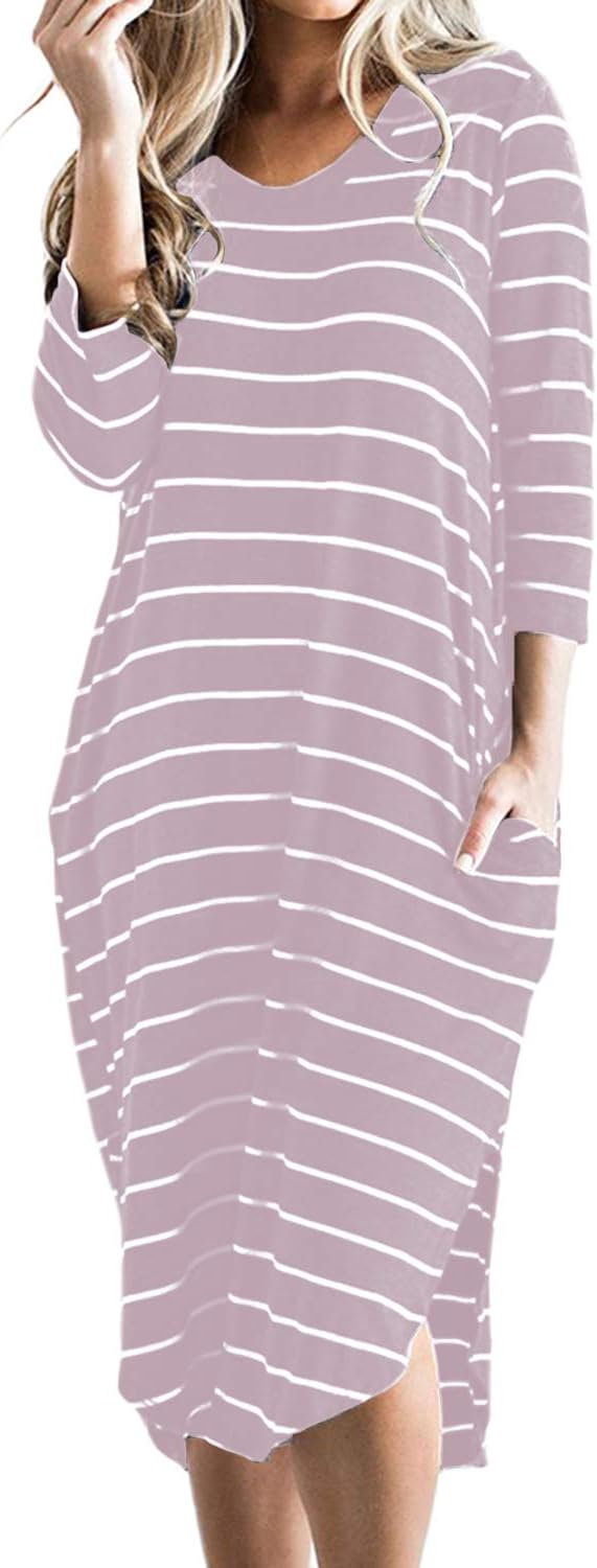 Women T Shirt Dress Oversized Boho Stripes Dress Autumn 3/4 Long Sleeves Dresses with Pocket