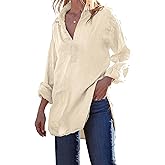 Pretifeel Womens Cotton Linen Tunic Shirts Button Down Long Sleeve Blouse Tops Beach Cover Up