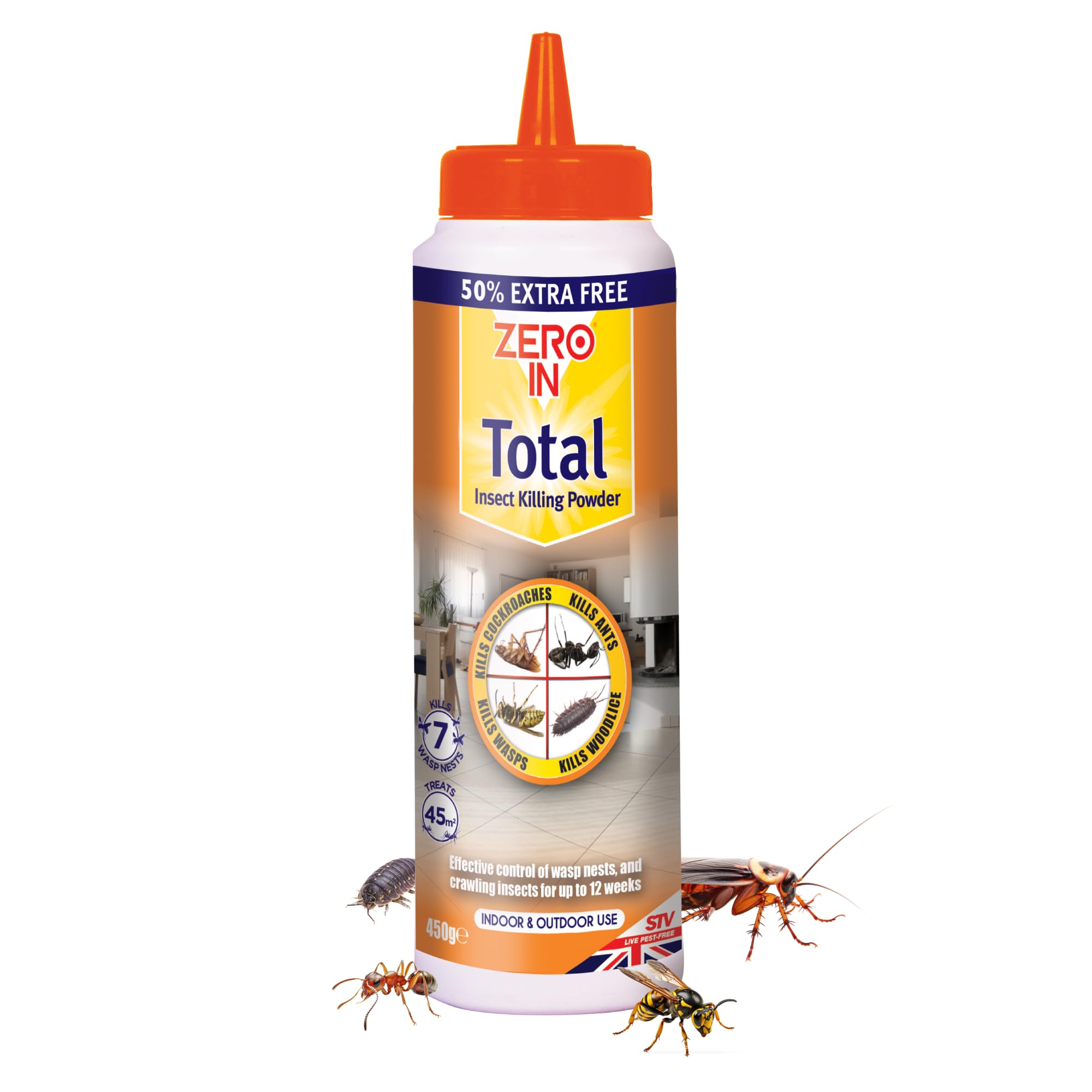 Zero In Total Insect Killer Powder – Fast-Acting Ant Killer for Indoor & Outdoor Use, Kills Crawling Insects, Eliminates Wasp Nests & Infestation – Long-lasting Protection for Up to 12 Weeks – 450g