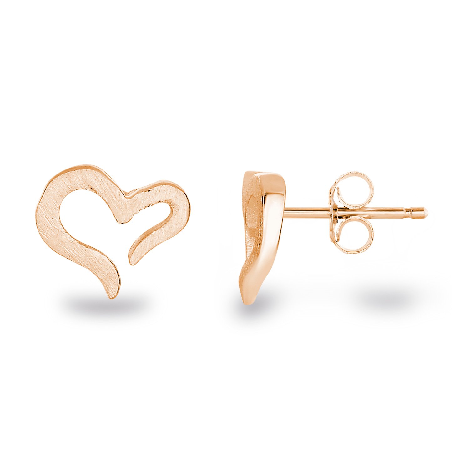14k Rose Gold-Plated Sterling Silver Matte Finish Brushed Texture Hollow Open Heart Stud Earrings