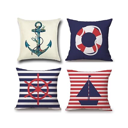 1758studio Navy Blue Nautical Throw Pillow Cover 4 Pack 18x18 Inch