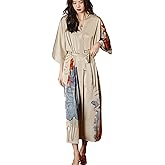 Daiwor Kout Silk Satin Robe for Women Long Japanese Kimono Robe Lightweight Soft Bathrobe Floral Luxury Dressing Gown