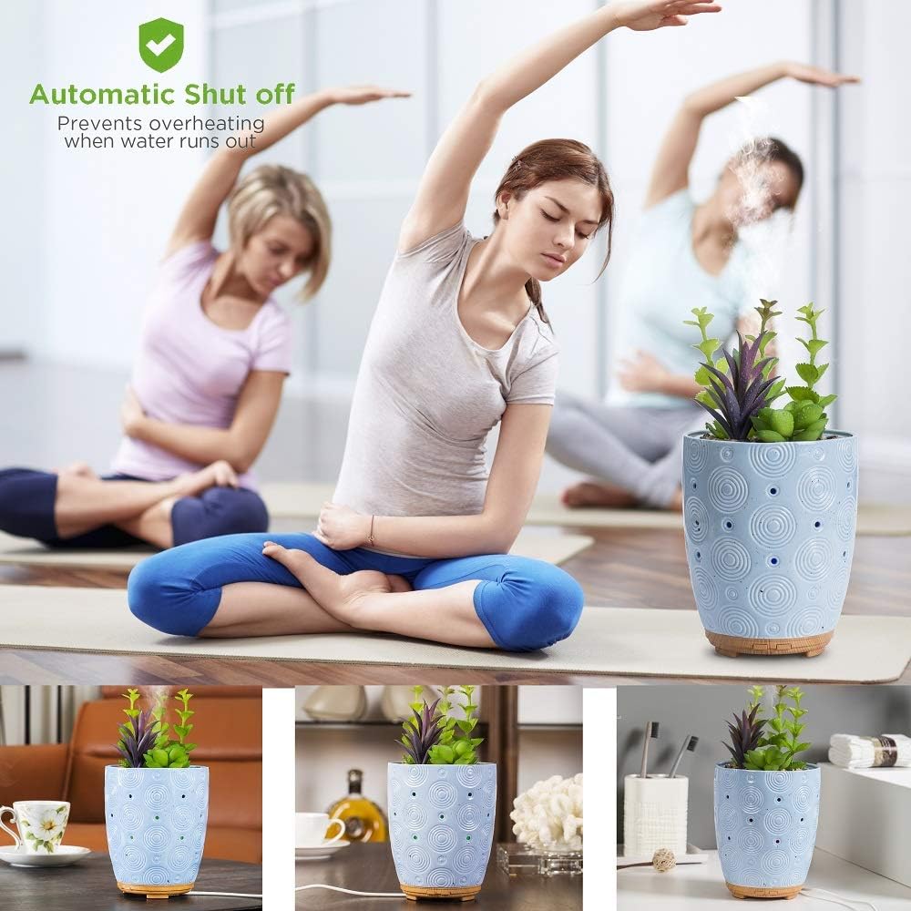 Essential Oil Diffuser, Artificial Succulent Plants Potted Diffusers for Essential Oils with 7 Colors LED Light,Ceramic Cool Mist Super Quiet Aromatherapy Diffuser for Home Office Bedroom: Kitchen & Dining