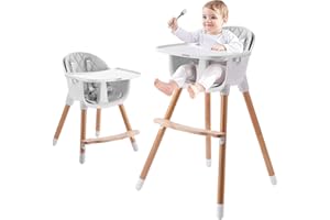 IKARE Wooden Natural Baby High Chair W/Removable Tray & Safety Harness, 3-in-1 Infant Highchair/Booster/Kid Chair | Grows with Your Child | Adjustable Legs | Modern Wood Design (Gray)
