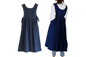 losofar Women Plus Size Cotton Linen Vintage Pleated Split Apron Pinafore Dress with Two Pockets