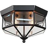 Flush Mount Outdoor Ceiling Light Fixture, 4 Light Exterior Porch Ceiling Lights with Clear Glass, Black Farmhouse Lighting f