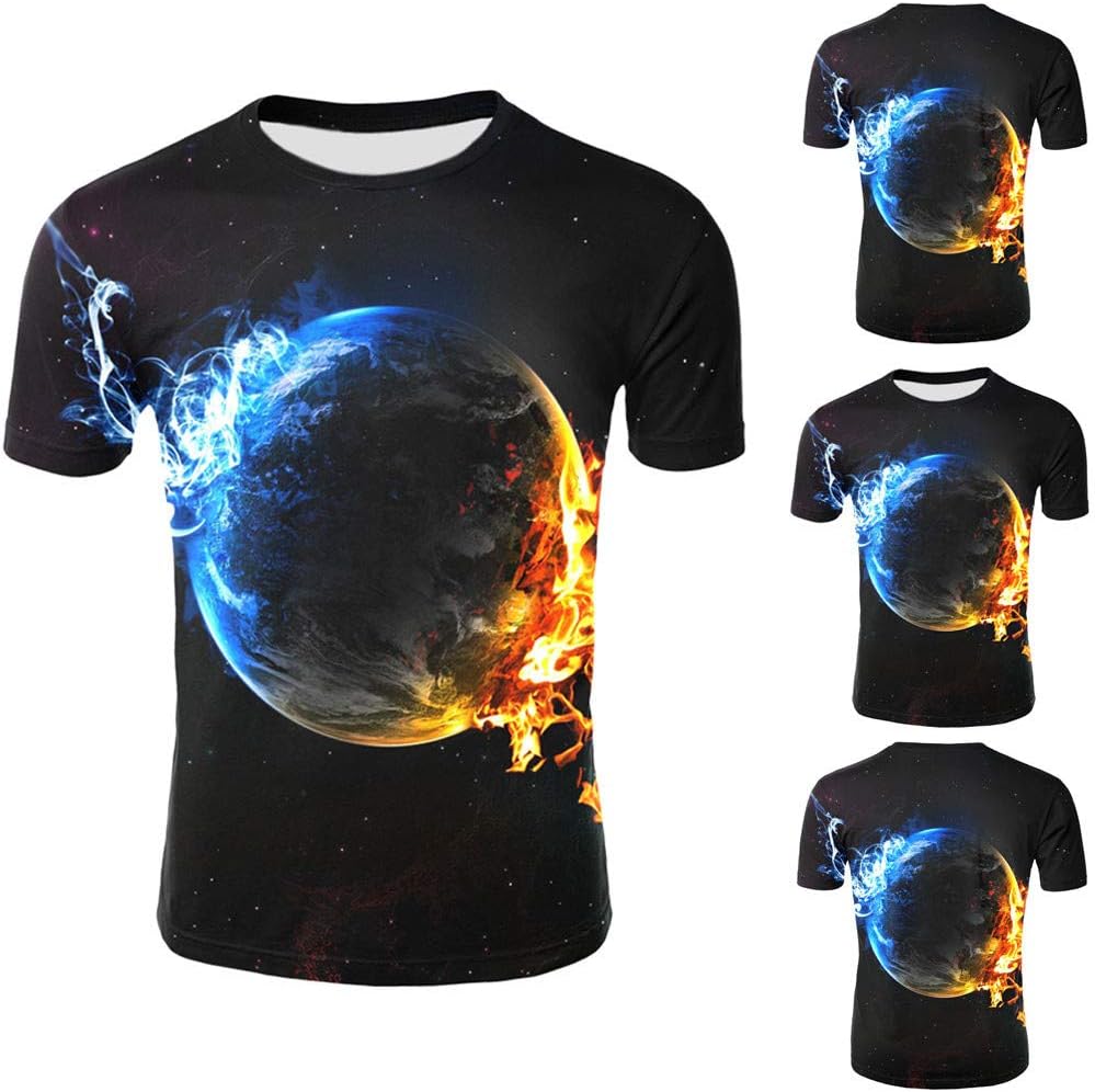 IUTE Men's Casual 3D Print T-Shirts Cool Red Fire Blue Ice Earth Short Sleeves O Neck Regular Fit Stretch Base Shirts Environmental Protection Tee Pullovers Tops S-3XL